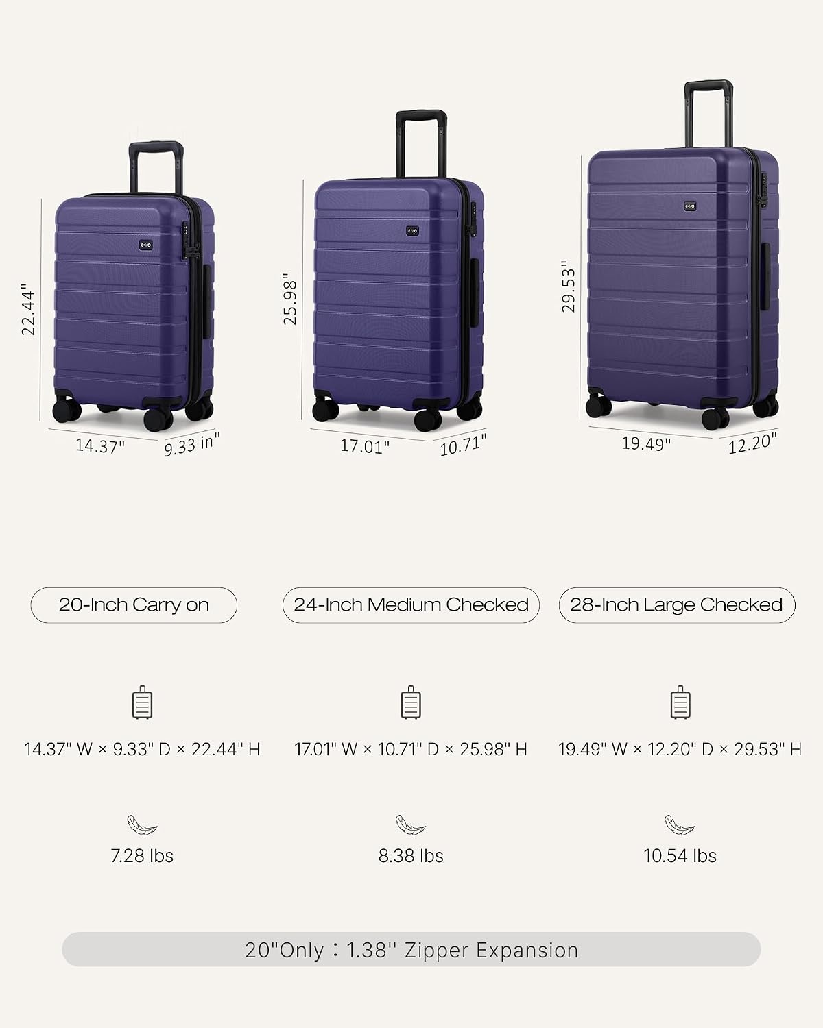 image:imageCoolife Luggage Set Lightweight Durable Hardshell 3 piece Apple Green suitcase set with 360 Spinner Wheels TSAapproved Lock Checked Family Travel 202428 InchDeep Purple