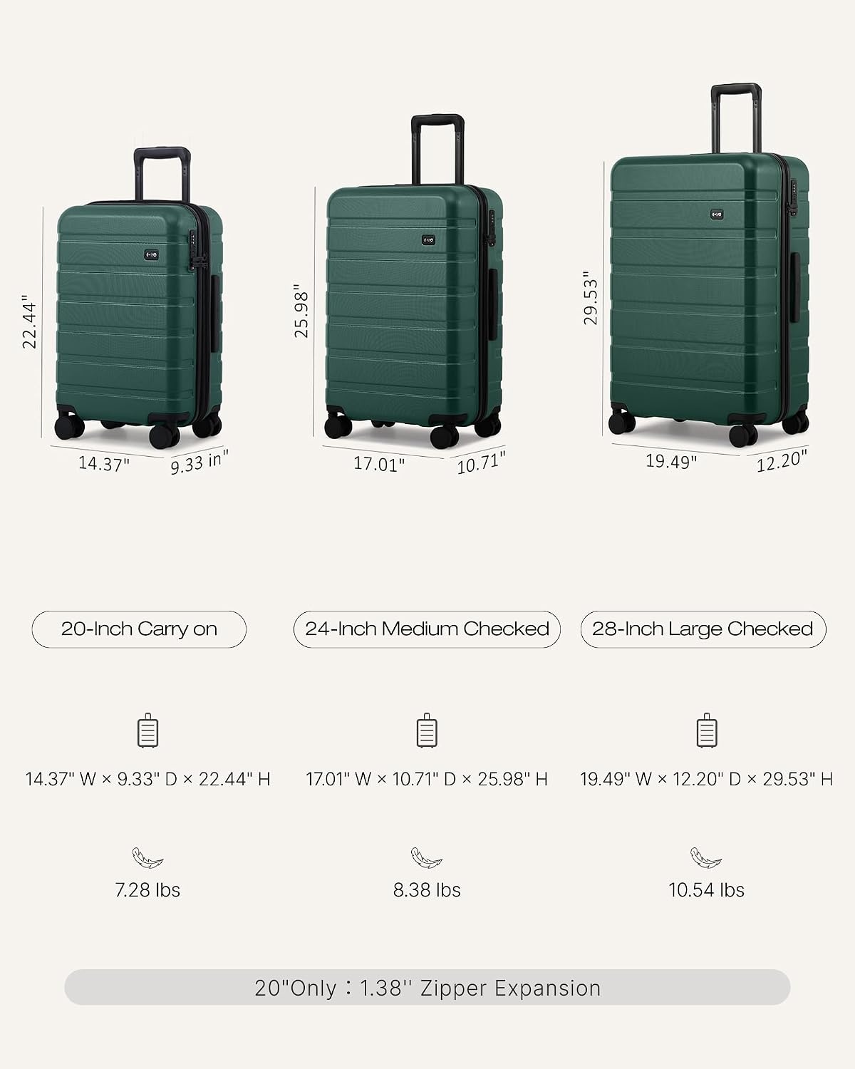 image:imageCoolife Luggage Set Lightweight Durable Hardshell 3 piece Apple Green suitcase set with 360 Spinner Wheels TSAapproved Lock Checked Family Travel 202428 InchReed Green