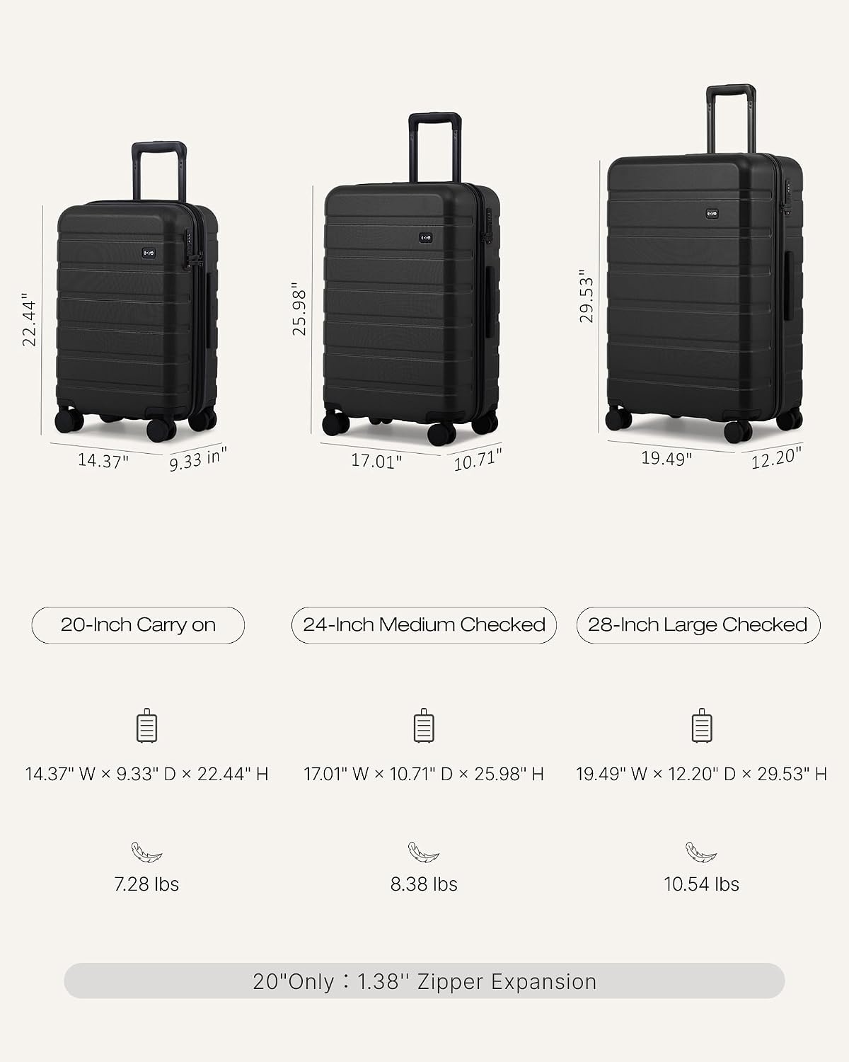 image:imageCoolife Luggage Set Lightweight Durable Hardshell 3 piece Apple Green suitcase set with 360 Spinner Wheels TSAapproved Lock Checked Family Travel 202428 InchBlack new