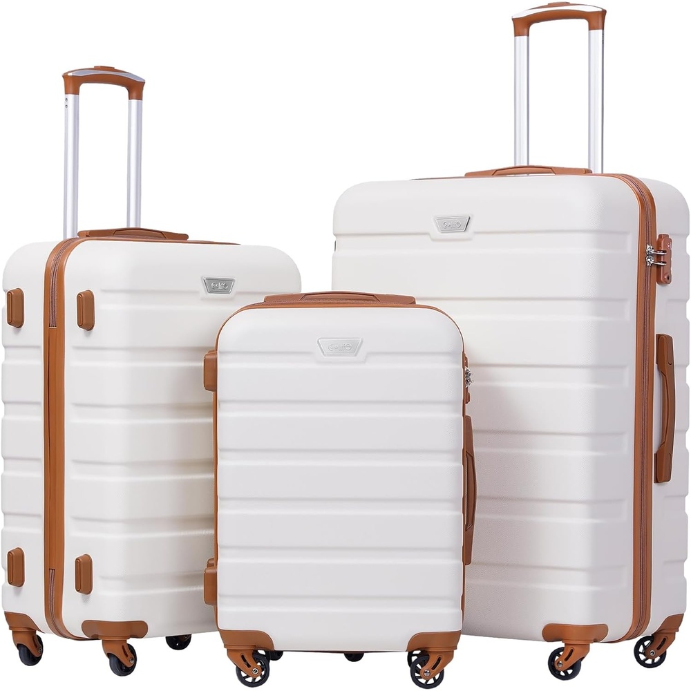 image:imageCoolife Luggage Set Lightweight Durable Hardshell 3 piece Apple Green suitcase set with 360 Spinner Wheels TSAapproved Lock Checked Family Travel 202428 InchApricot White