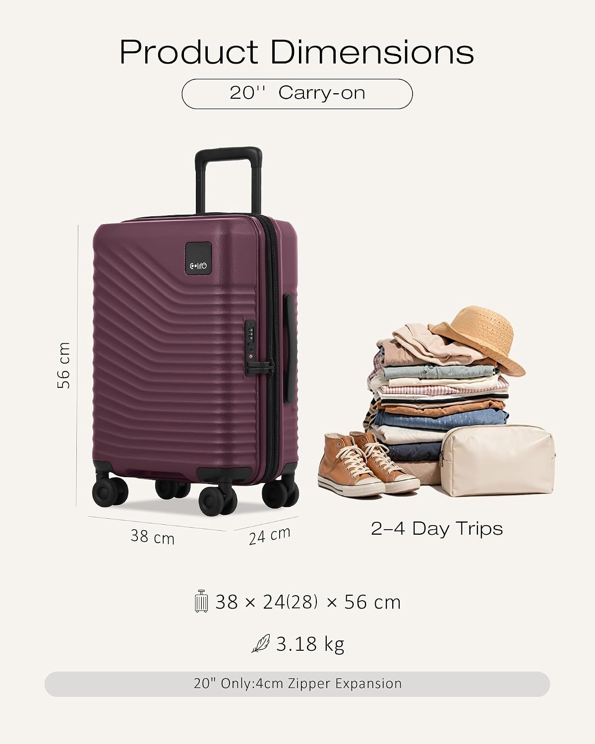 image:imageCoolife Luggage 3 Piece Set Lightweight PC Hardside Suitcases 202428 Expandable 20Inch CarryOn Dual Spinner Wheels TSAApproved Lock Upgraded PC Hardshell Durable Travel SuitcasesDark Purple