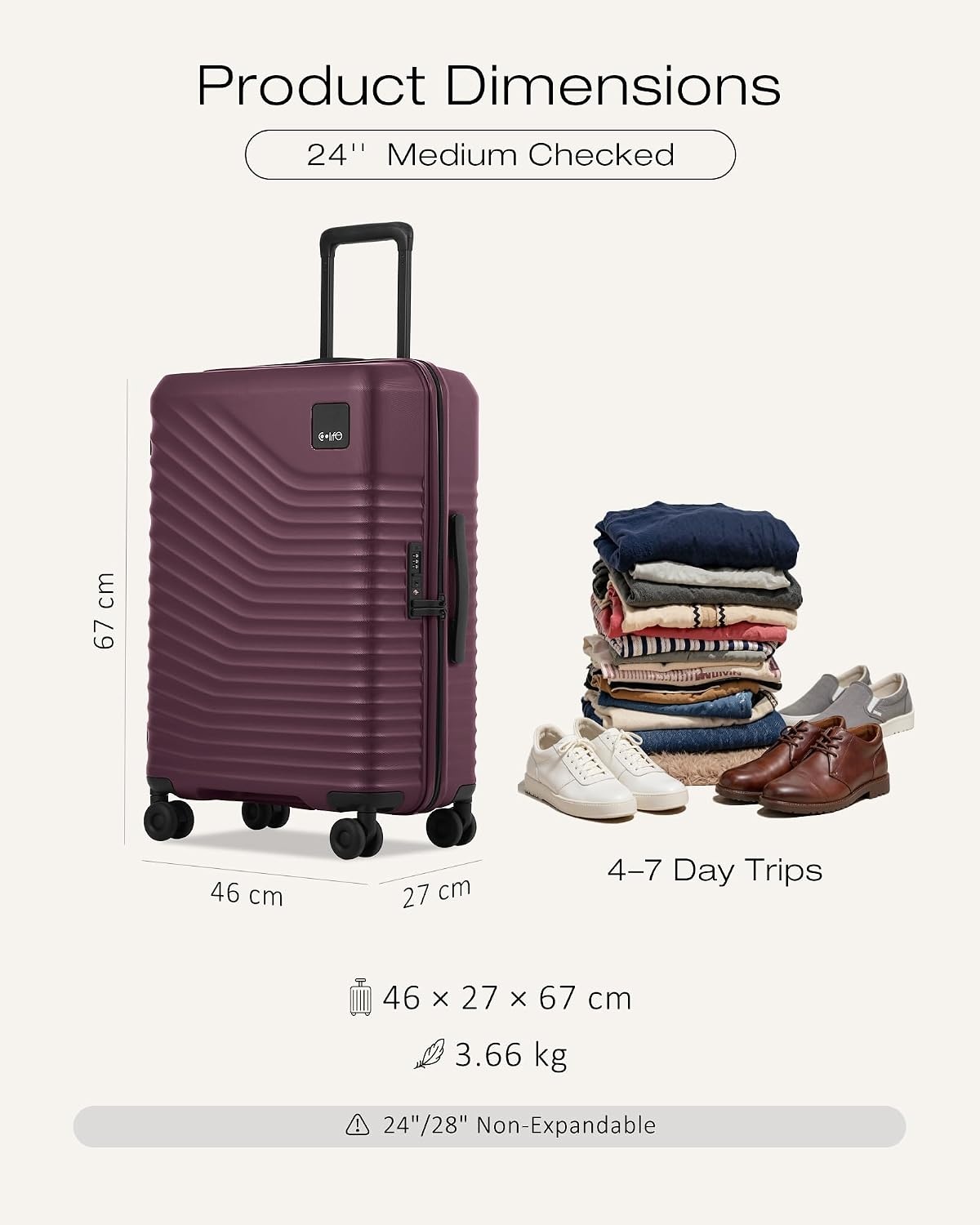 image:imageCoolife Luggage 3 Piece Set Lightweight PC Hardside Suitcases 202428 Expandable 20Inch CarryOn Dual Spinner Wheels TSAApproved Lock Upgraded PC Hardshell Durable Travel SuitcasesDark Purple