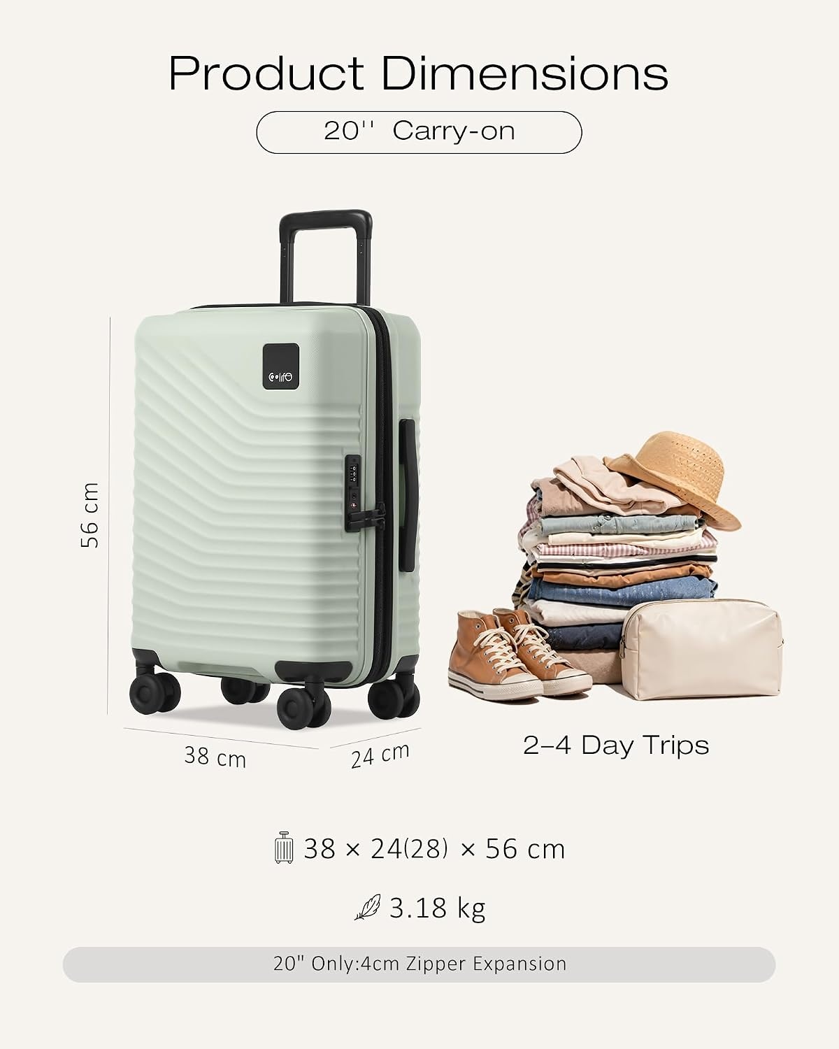 image:imageCoolife Luggage 3 Piece Set Lightweight PC Hardside Suitcases 202428 Expandable 20Inch CarryOn Dual Spinner Wheels TSAApproved Lock Upgraded PC Hardshell Durable Travel SuitcasesLight Green