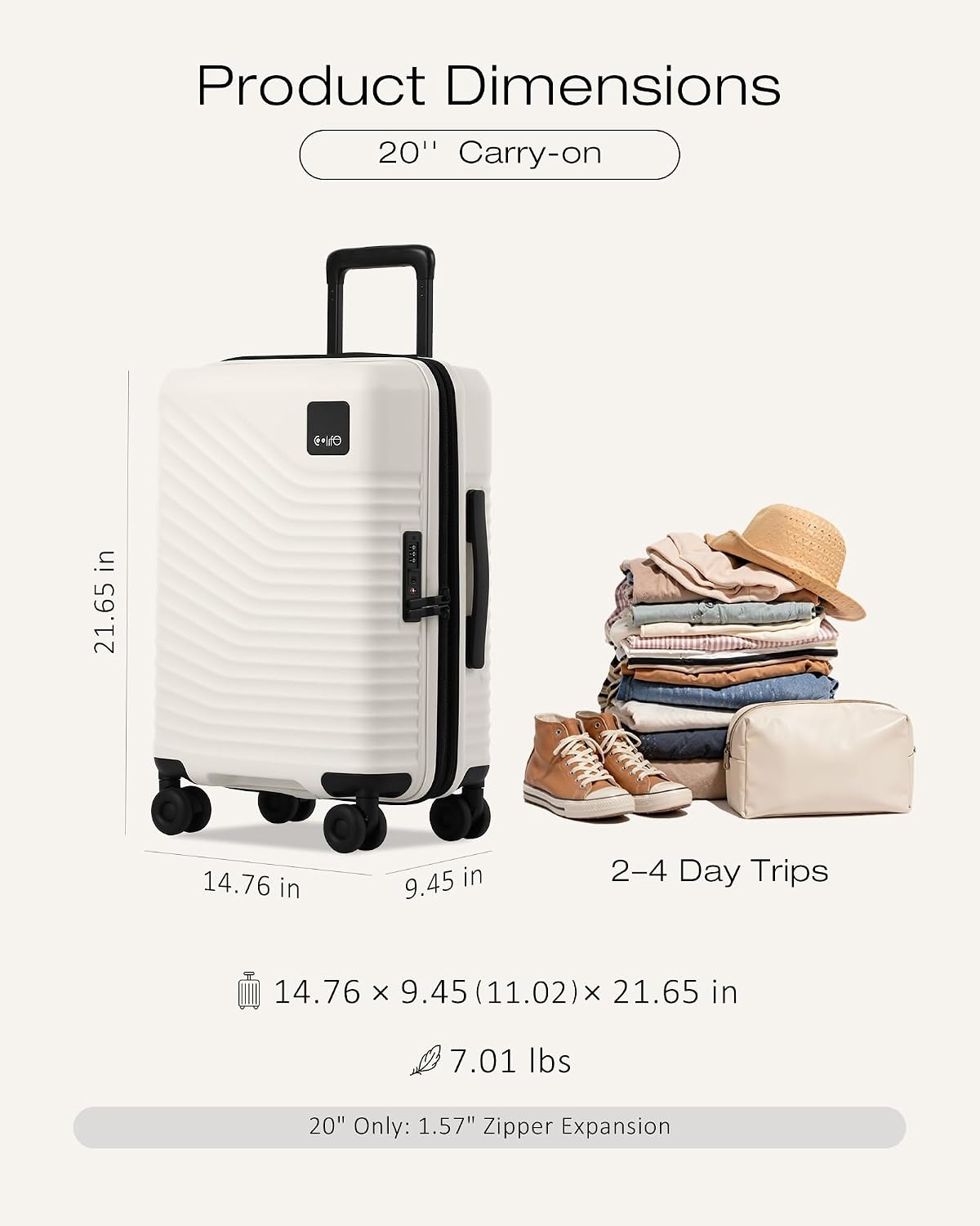 image:imageCoolife Luggage 3 Piece Set Lightweight PC Hardside Suitcases 202428 Expandable 20Inch CarryOn Dual Spinner Wheels TSAApproved Lock Upgraded PC Hardshell Durable Travel SuitcasesWhite