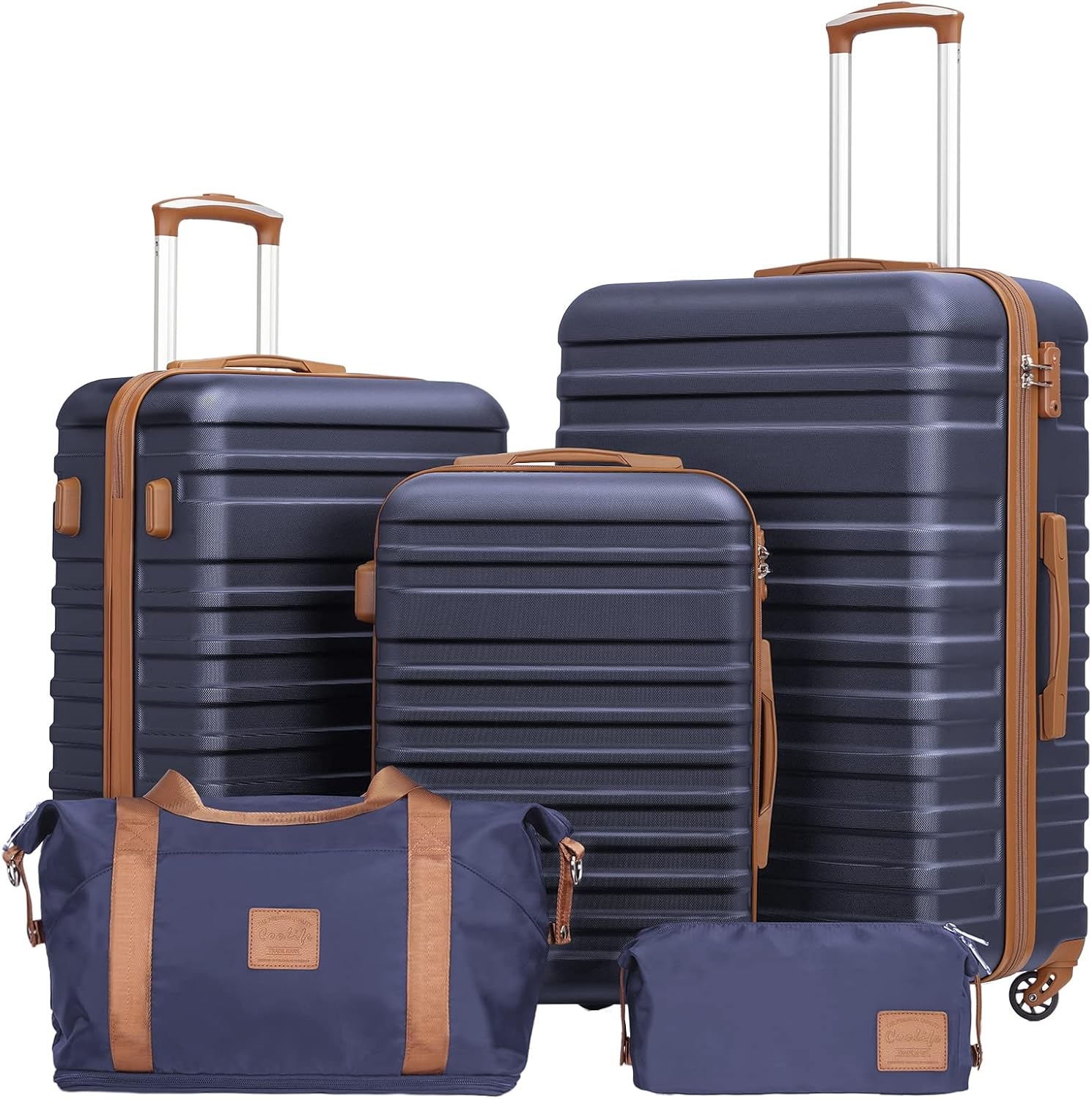 image:imageCoolife Luggage Set Hardside Suitcase5 pieceBlackDBTB202428 Suitcase Set5 Piece Carry onTSA LOCK360 Smooth Spinner WheelsYKK ZippersSmart Trolley SleeveNavy