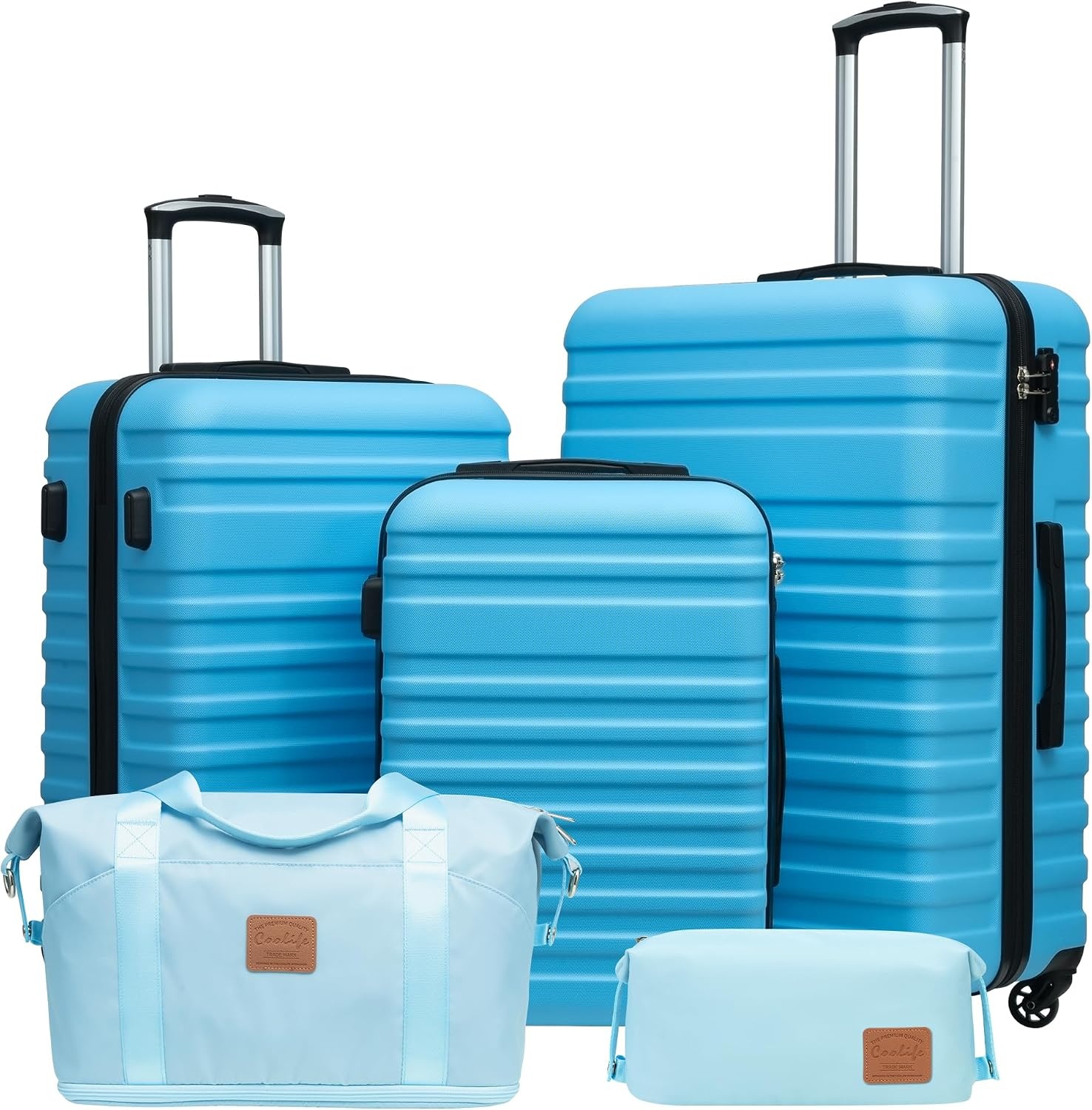 image:imageCoolife Luggage Set Hardside Suitcase5 pieceBlackDBTB202428 Suitcase Set5 Piece Carry onTSA LOCK360 Smooth Spinner WheelsYKK ZippersSmart Trolley SleeveSky Blue