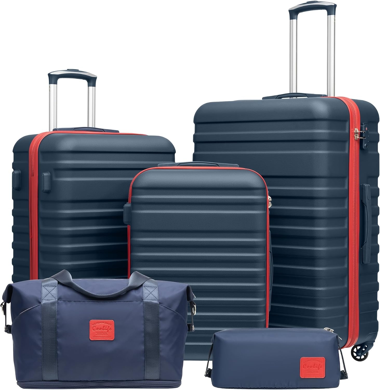 image:imageCoolife Luggage Set Hardside Suitcase5 pieceBlackDBTB202428 Suitcase Set5 Piece Carry onTSA LOCK360 Smooth Spinner WheelsYKK ZippersSmart Trolley SleeveNavyRed