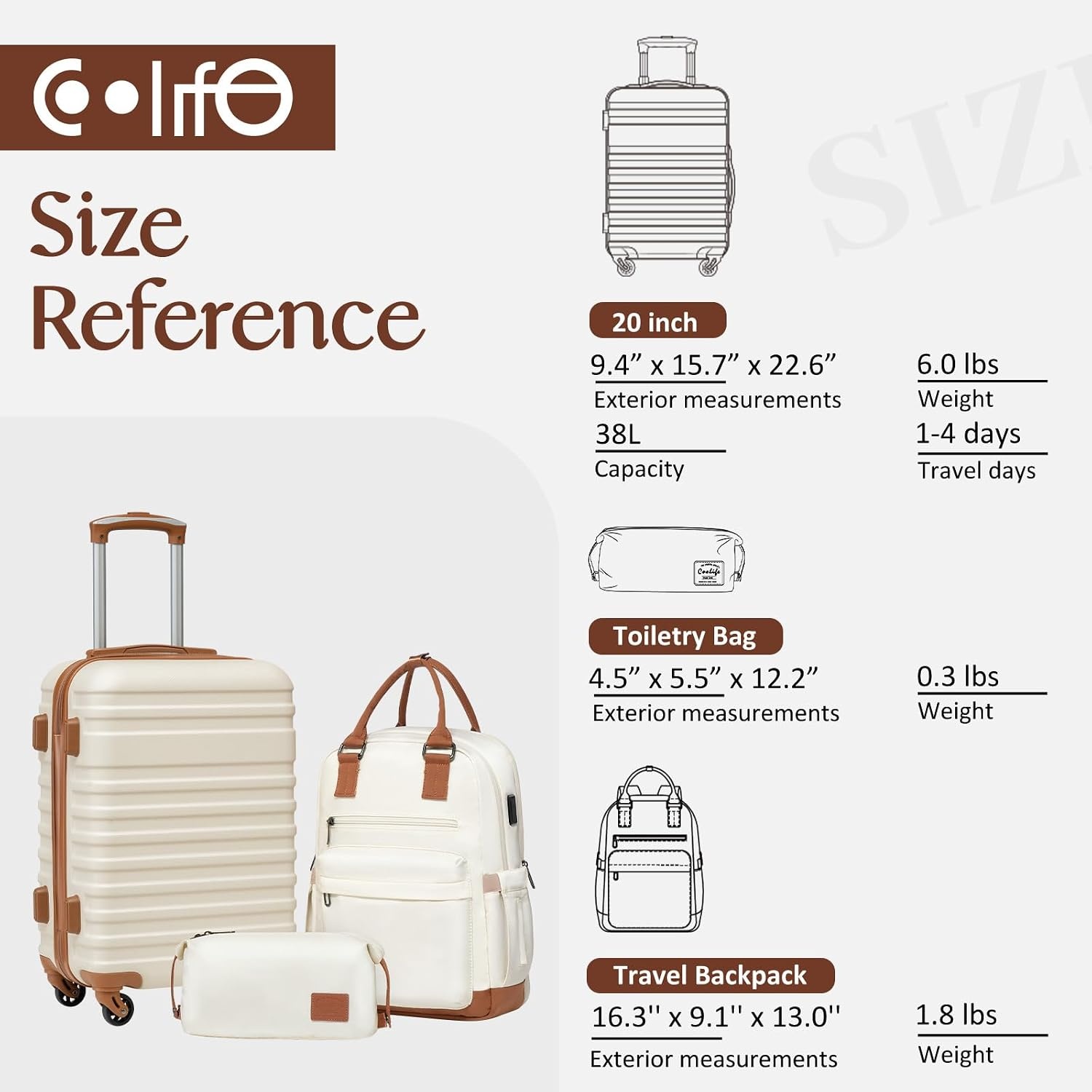 image:imageCoolife Luggage Set Hardside Suitcase5 pieceBlackDBTB202428 Suitcase Set5 Piece Carry onTSA LOCK360 Smooth Spinner WheelsYKK ZippersSmart Trolley SleeveWhite