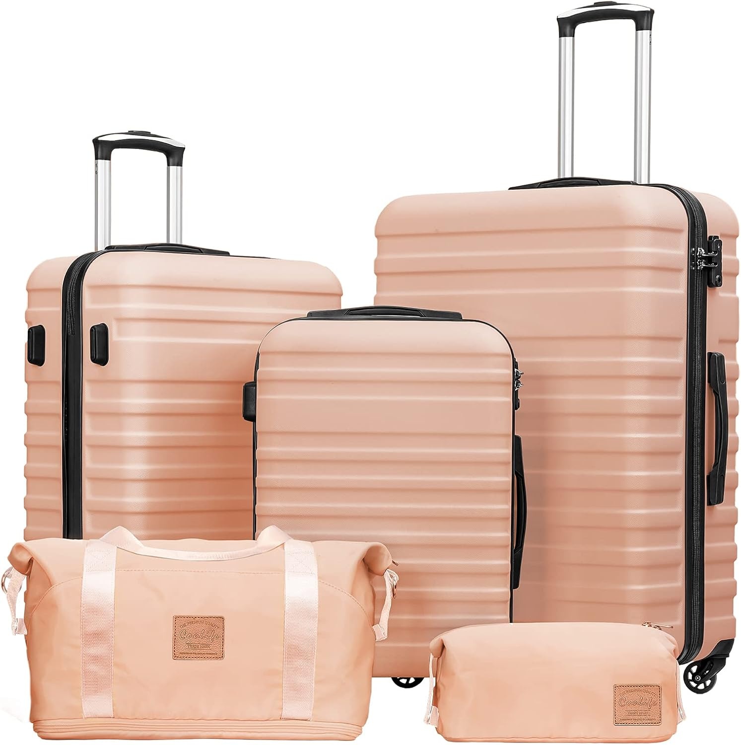 image:imageCoolife Luggage Set Hardside Suitcase5 pieceBlackDBTB202428 Suitcase Set5 Piece Carry onTSA LOCK360 Smooth Spinner WheelsYKK ZippersSmart Trolley SleevePink