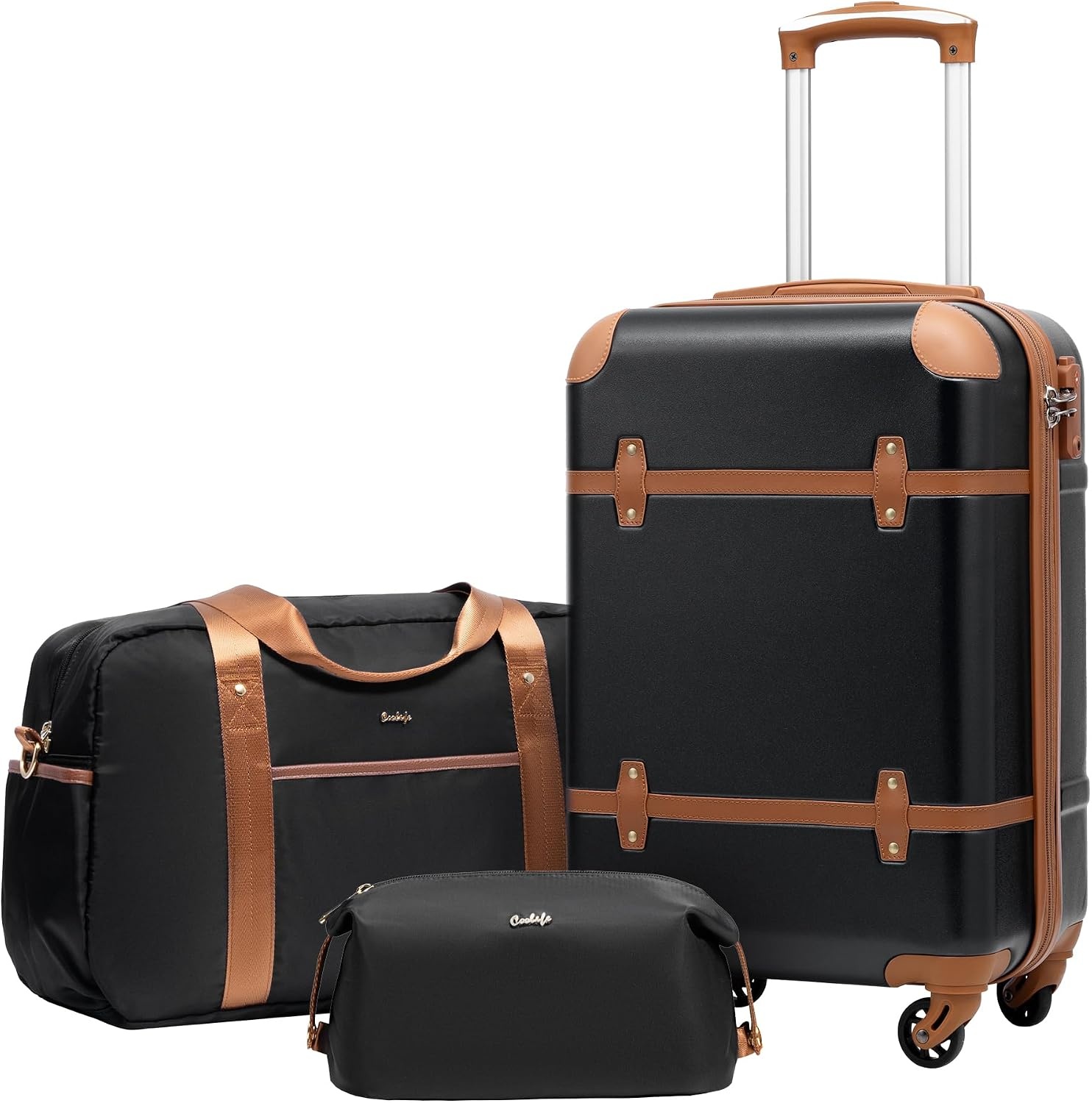 image:imageCoolife Luggage Set PC Hardside TSA Lock 3Piece BlackBPTB20 Suitcase Set Spinner Wheels TSA Lock Vintage Design Polycarbonate Material BackpackToiletry Bag Telescopic HandleBlack