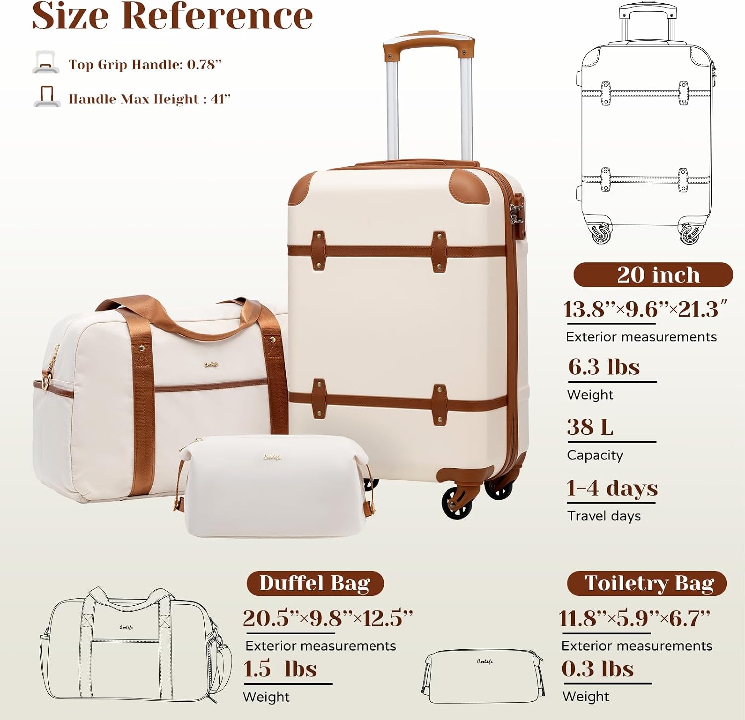 image:imageCoolife Luggage Set PC Hardside TSA Lock 3Piece BlackBPTB20 Suitcase Set Spinner Wheels TSA Lock Vintage Design Polycarbonate Material BackpackToiletry Bag Telescopic HandleBlack