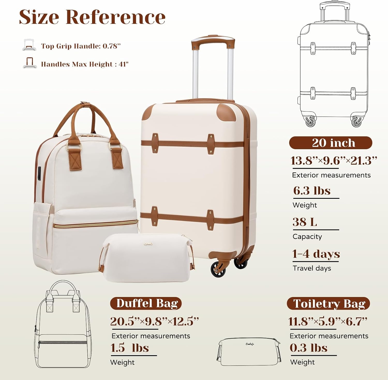 image:imageCoolife Luggage Set PC Hardside TSA Lock 3Piece BlackBPTB20 Suitcase Set Spinner Wheels TSA Lock Vintage Design Polycarbonate Material BackpackToiletry Bag Telescopic HandleBlack