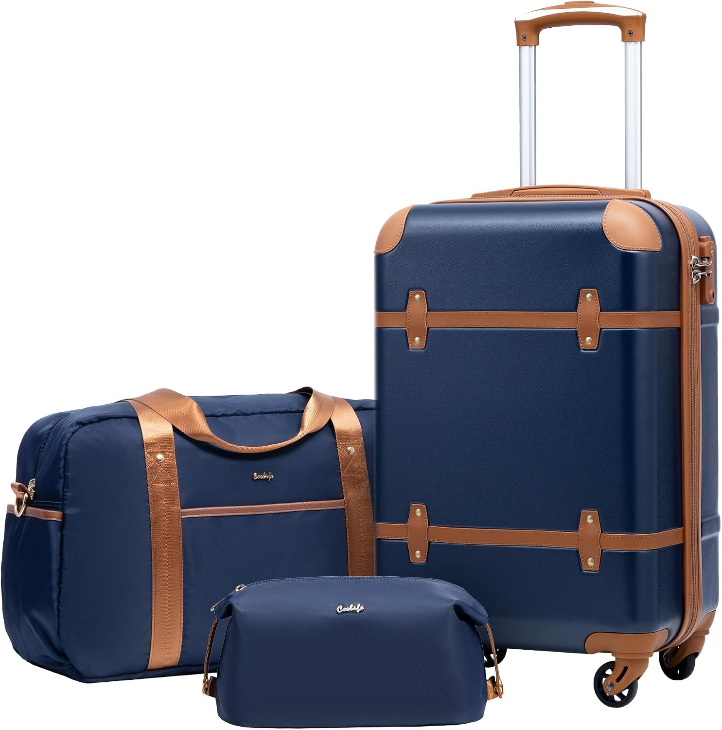 image:imageCoolife Luggage Set PC Hardside TSA Lock 3Piece BlackBPTB20 Suitcase Set Spinner Wheels TSA Lock Vintage Design Polycarbonate Material BackpackToiletry Bag Telescopic HandleNavy