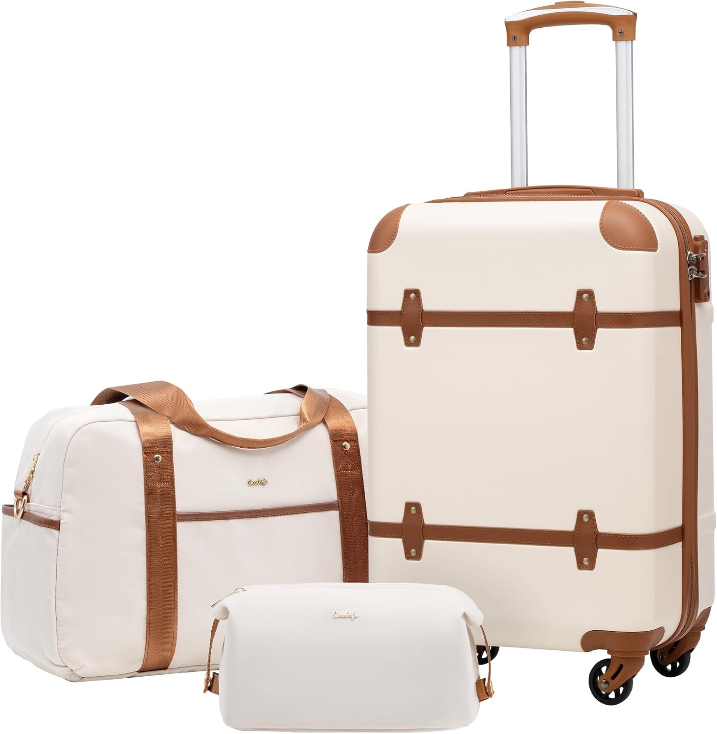 image:imageCoolife Luggage Set PC Hardside TSA Lock 3Piece BlackBPTB20 Suitcase Set Spinner Wheels TSA Lock Vintage Design Polycarbonate Material BackpackToiletry Bag Telescopic HandleWhite