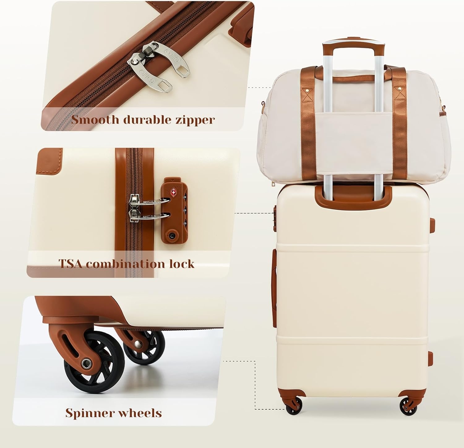 image:imageCoolife Luggage Set PC Hardside TSA Lock 3Piece BlackBPTB20 Suitcase Set Spinner Wheels TSA Lock Vintage Design Polycarbonate Material BackpackToiletry Bag Telescopic HandleWhite