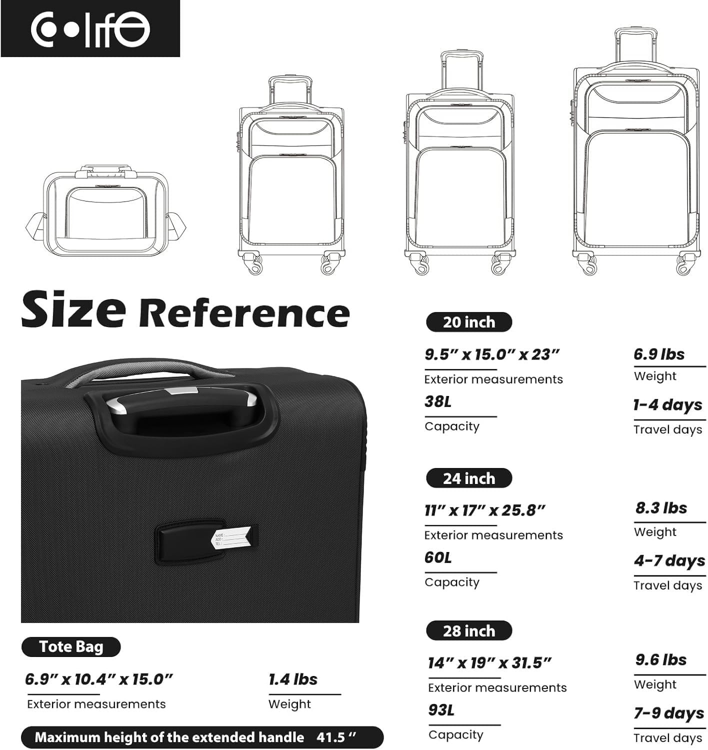 image:imageCoolife Softshell Luggage TSA Lock Spinner Wheels 4Piece Set with Tote 1680D oxford cloth 210D nylon lining 4 spinner wheels telescopic handle IATA carryon aluminum handle TSA lockgray