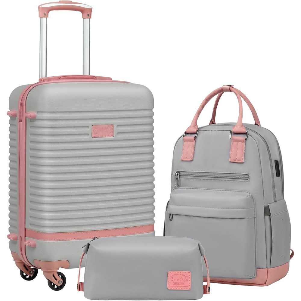 image:imageCoolife Luggage Set Carry On Suitcase5 piece Dark GreenDBTB202428 360 Spinner WheelsConvenient Trolley SleeveWaterResistant FabricFullyLined Zipper InteriorLightweight ABSGrayPink