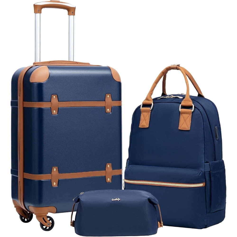 image:imageCoolife Luggage Set PC Hardside TSA Lock 3Piece BlackBPTB20 Suitcase Set Spinner Wheels TSA Lock Vintage Design Polycarbonate Material BackpackToiletry Bag Telescopic HandleNavy