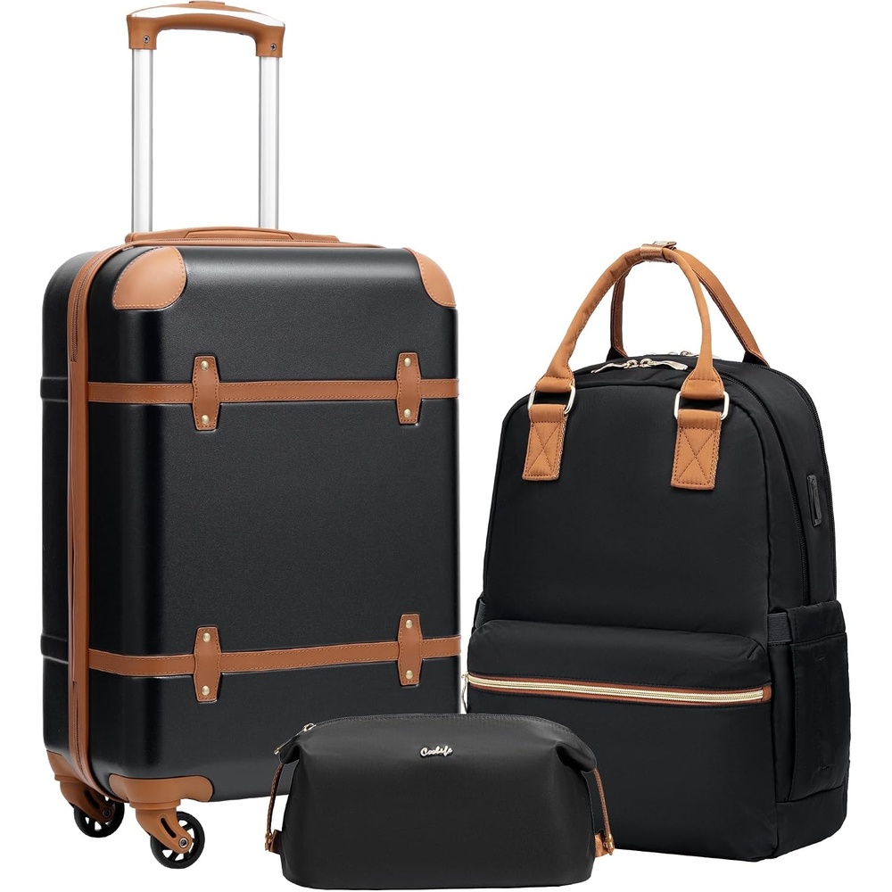 image:imageCoolife Luggage Set PC Hardside TSA Lock 3Piece BlackBPTB20 Suitcase Set Spinner Wheels TSA Lock Vintage Design Polycarbonate Material BackpackToiletry Bag Telescopic HandleBlack