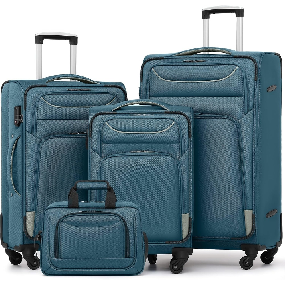 image:imageCoolife Softshell Luggage TSA Lock Spinner Wheels 4Piece Set with Tote  1680D oxford cloth 210D nylon lining 4 spinner wheels telescopic handle IATA carryon aluminum handle TSA lockbluesliver
