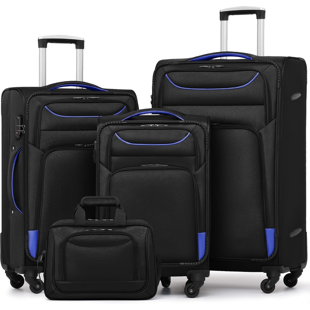 image:imageCoolife Softshell Luggage TSA Lock Spinner Wheels 4Piece Set with Tote 1680D oxford cloth 210D nylon lining 4 spinner wheels telescopic handle IATA carryon aluminum handle TSA lockblackblue