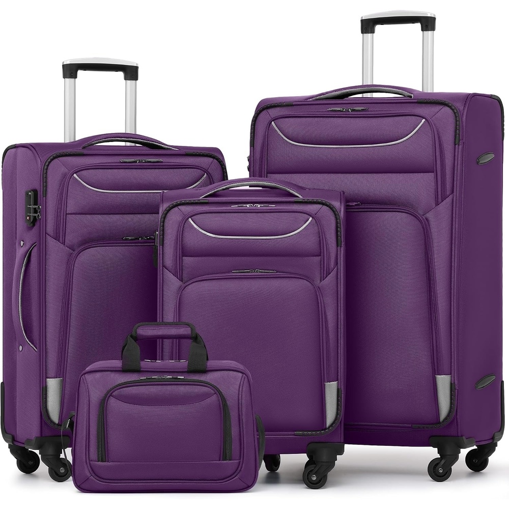 image:imageCoolife Softshell Luggage TSA Lock Spinner Wheels 4Piece Set with Tote 1680D oxford cloth 210D nylon lining 4 spinner wheels telescopic handle IATA carryon aluminum handle TSA lockpurplesliver