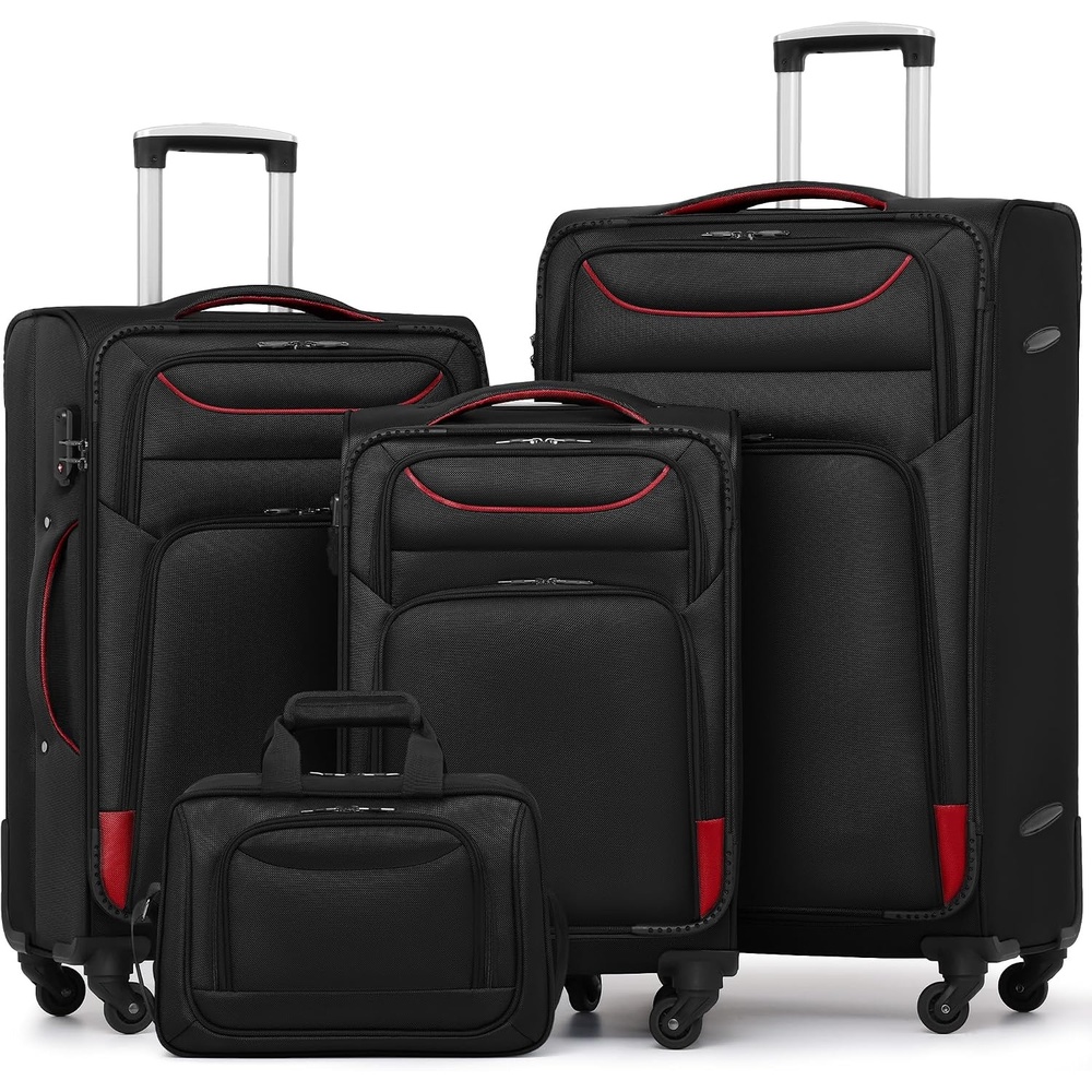 image:imageCoolife Softshell Luggage TSA Lock Spinner Wheels 4Piece Set with Tote  1680D oxford cloth 210D nylon lining 4 spinner wheels telescopic handle IATA carryon aluminum handle TSA lockblackred