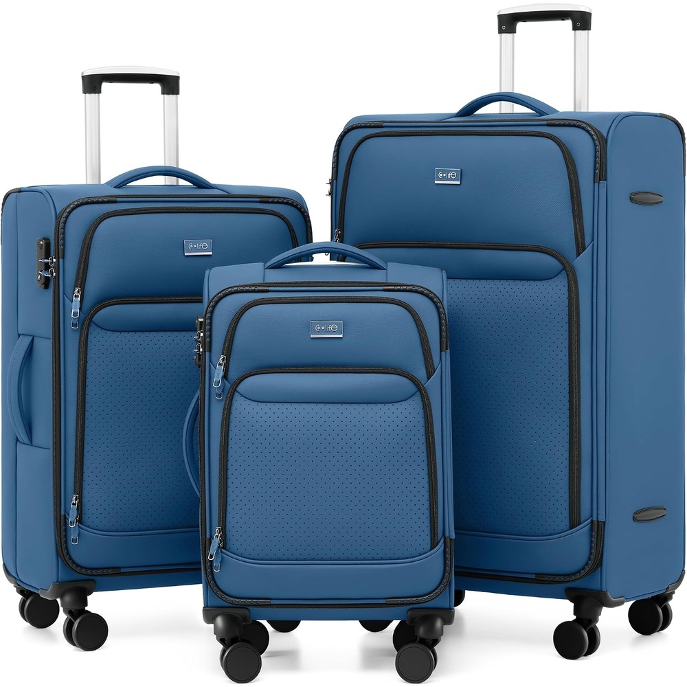 image:imageCoolife Upgraded Softside Luggage TSA Lock Spinner 3Piece 1800D Set Upgraded base system Premium Business UltraQuiet Dual Wheels 1800D waterrepellent fabric TSA lock multistage handleDeep Blue