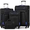 Coolife Softshell Luggage, TSA Lock, Spinner Wheels, 4-Piece Set with Tote | 1680D oxford cloth, 210D nylon lining, 4 spinner wheels, telescopic handle, IATA carry-on, aluminum handle, TSA lock(black+blue)