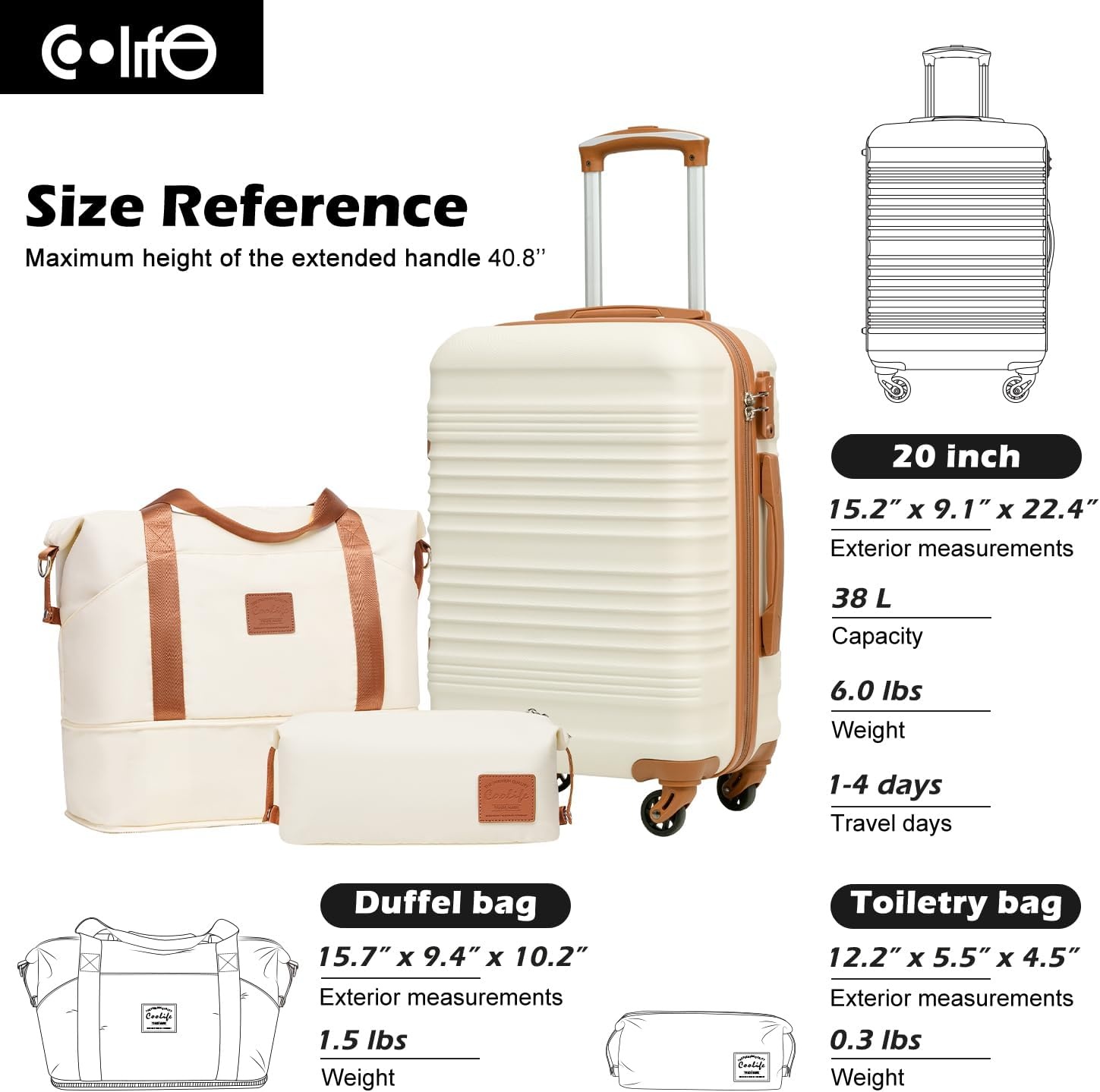 image:imageCoolife Luggage Set 3 Piece Luggage Set Carry On Suitcase Hardside Luggage with TSA Lock Spinner WheelsBlack 3 piece set DBTB20 Lightweight ABSPC Hardside Suitcase TSAApproved Lock Travel Duffel Bag with Back Sleeve Toiletry Bag WaterResistantWhite