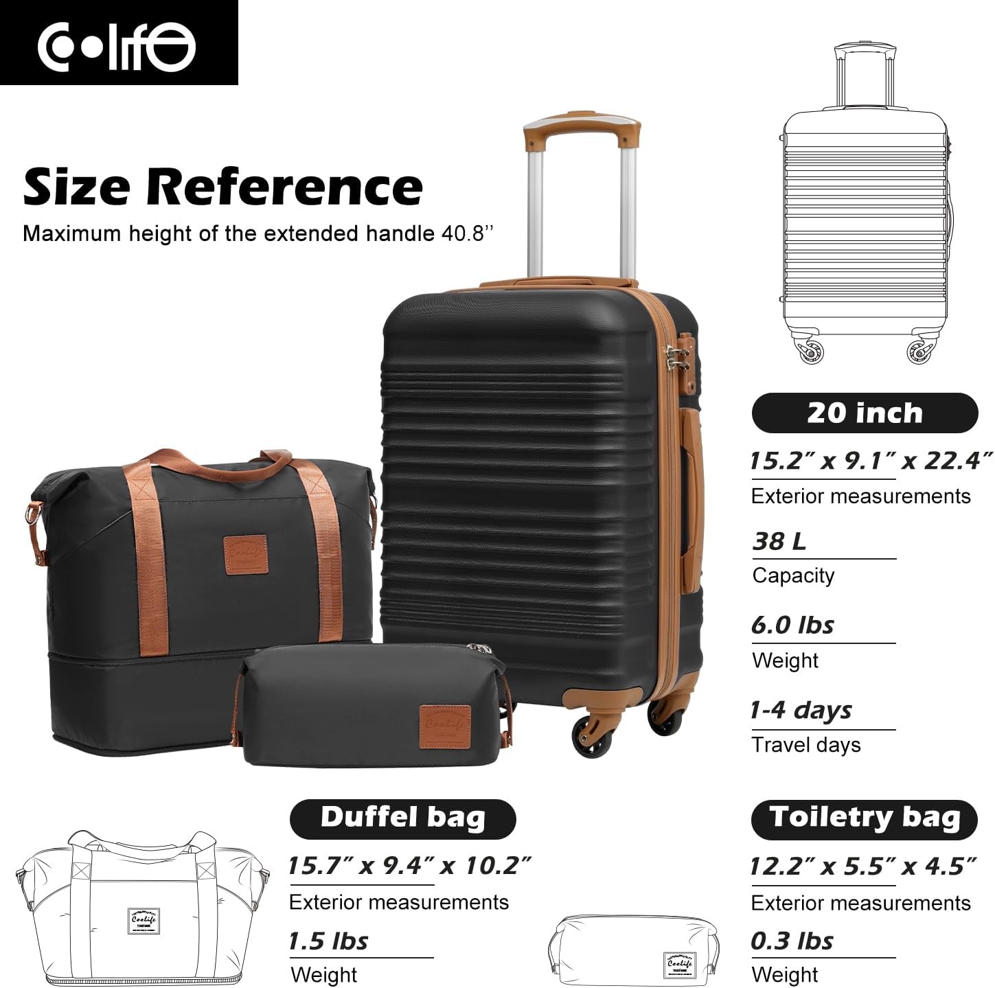 image:imageCoolife Luggage Set 3 Piece Luggage Set Carry On Suitcase Hardside Luggage with TSA Lock Spinner WheelsBlack 3 piece set DBTB20 Lightweight ABSPC Hardside Suitcase TSAApproved Lock Travel Duffel Bag with Back Sleeve Toiletry Bag WaterResistantBlack