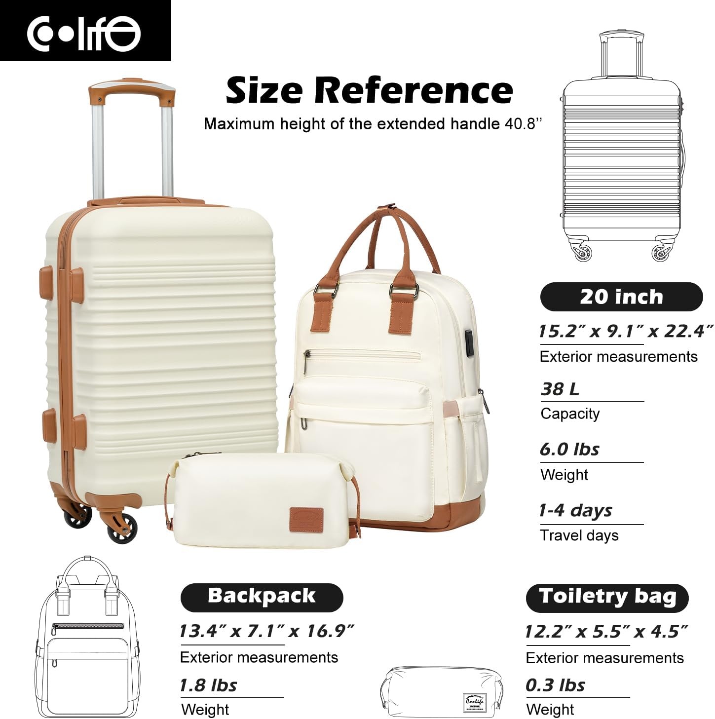 image:imageCoolife Luggage Set 3 Piece Luggage Set Carry On Suitcase Hardside Luggage with TSA Lock Spinner WheelsBlack 3 piece set DBTB20 Lightweight ABSPC Hardside Suitcase TSAApproved Lock Travel Duffel Bag with Back Sleeve Toiletry Bag WaterResistantWhite