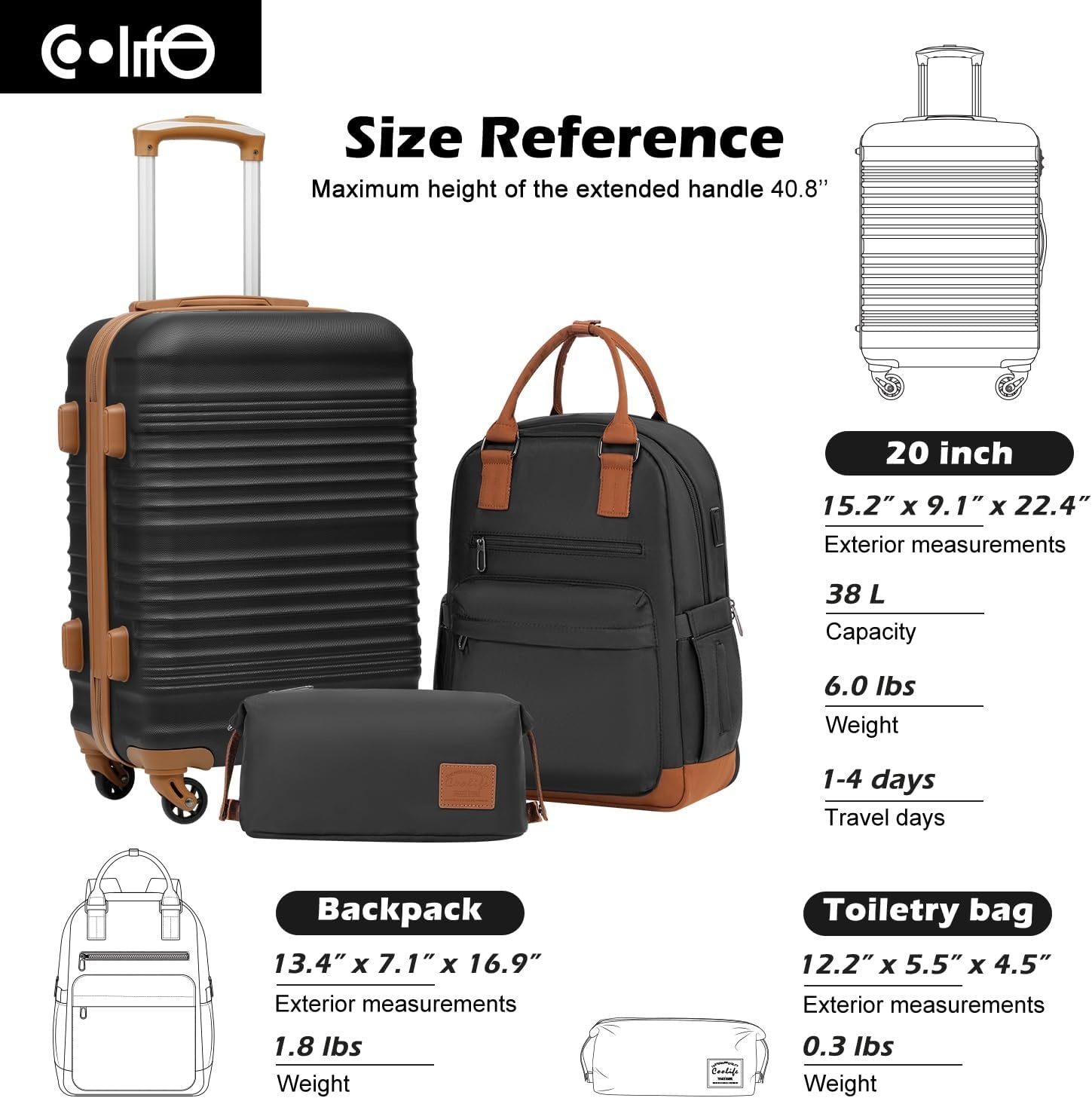 image:imageCoolife Luggage Set 3 Piece Luggage Set Carry On Suitcase Hardside Luggage with TSA Lock Spinner WheelsBlack 3 piece set DBTB20 Lightweight ABSPC Hardside Suitcase TSAApproved Lock Travel Duffel Bag with Back Sleeve Toiletry Bag WaterResistantBlack