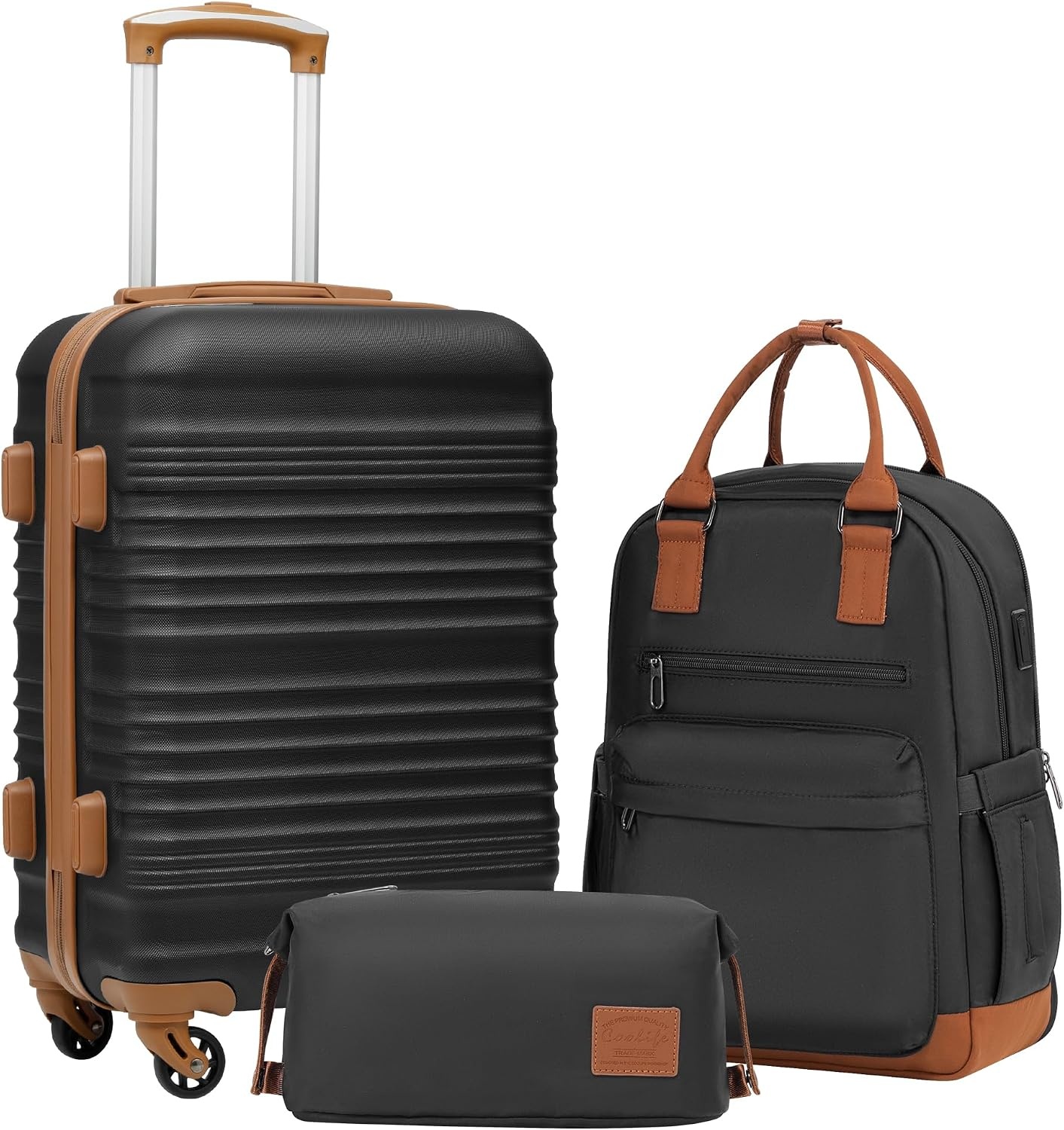 image:imageCoolife Luggage Set 3 Piece Luggage Set Carry On Suitcase Hardside Luggage with TSA Lock Spinner WheelsBlack 3 piece set DBTB20 Lightweight ABSPC Hardside Suitcase TSAApproved Lock Travel Duffel Bag with Back Sleeve Toiletry Bag WaterResistantBlack