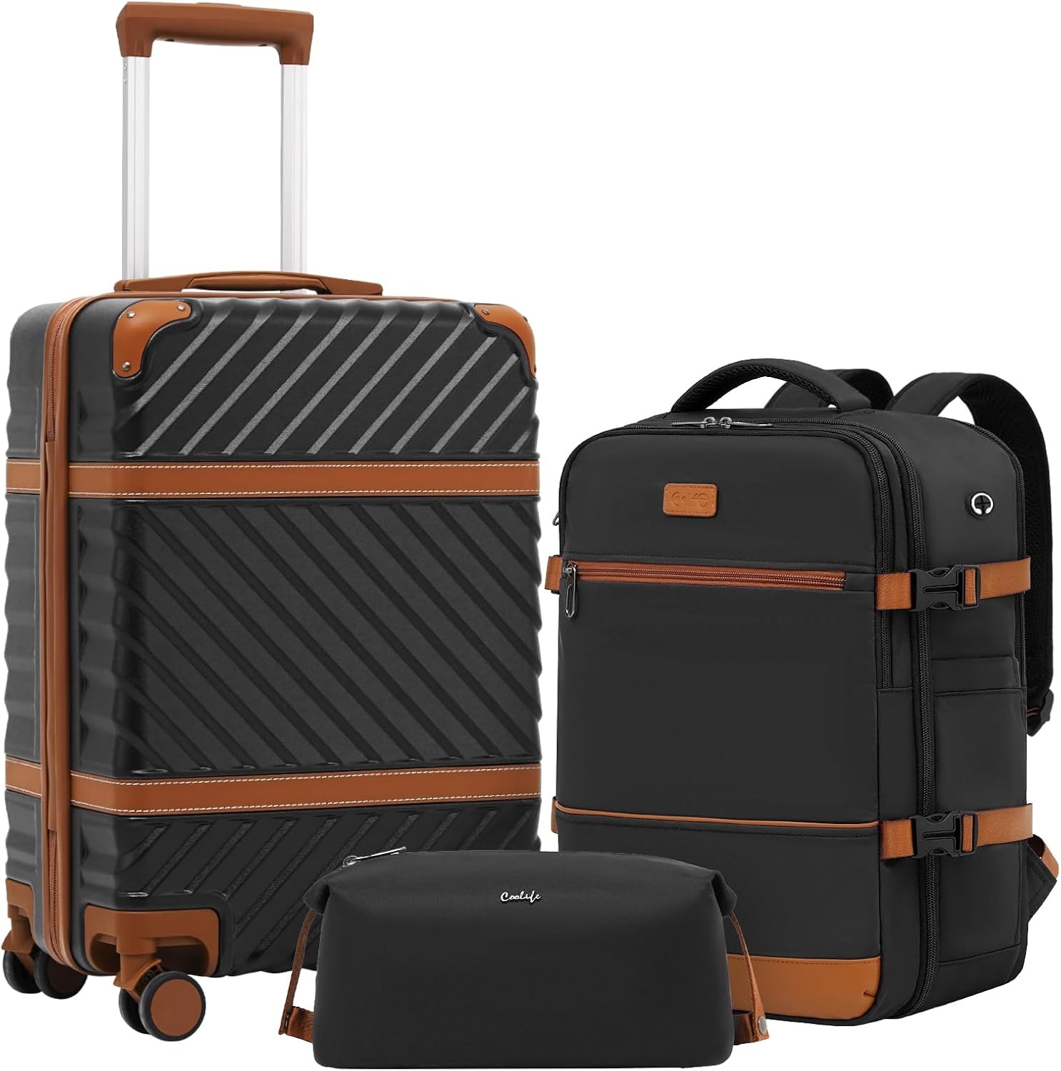 image:imageCoolife Luggage Set Suitcase Carry On Luggage PC Hardshell Luggage TSA Lock Spinner Wheels Telescopic Handle PC hardshell multicompartment TSA lock 360 spinner wheels telescopic handle vintage designBlack