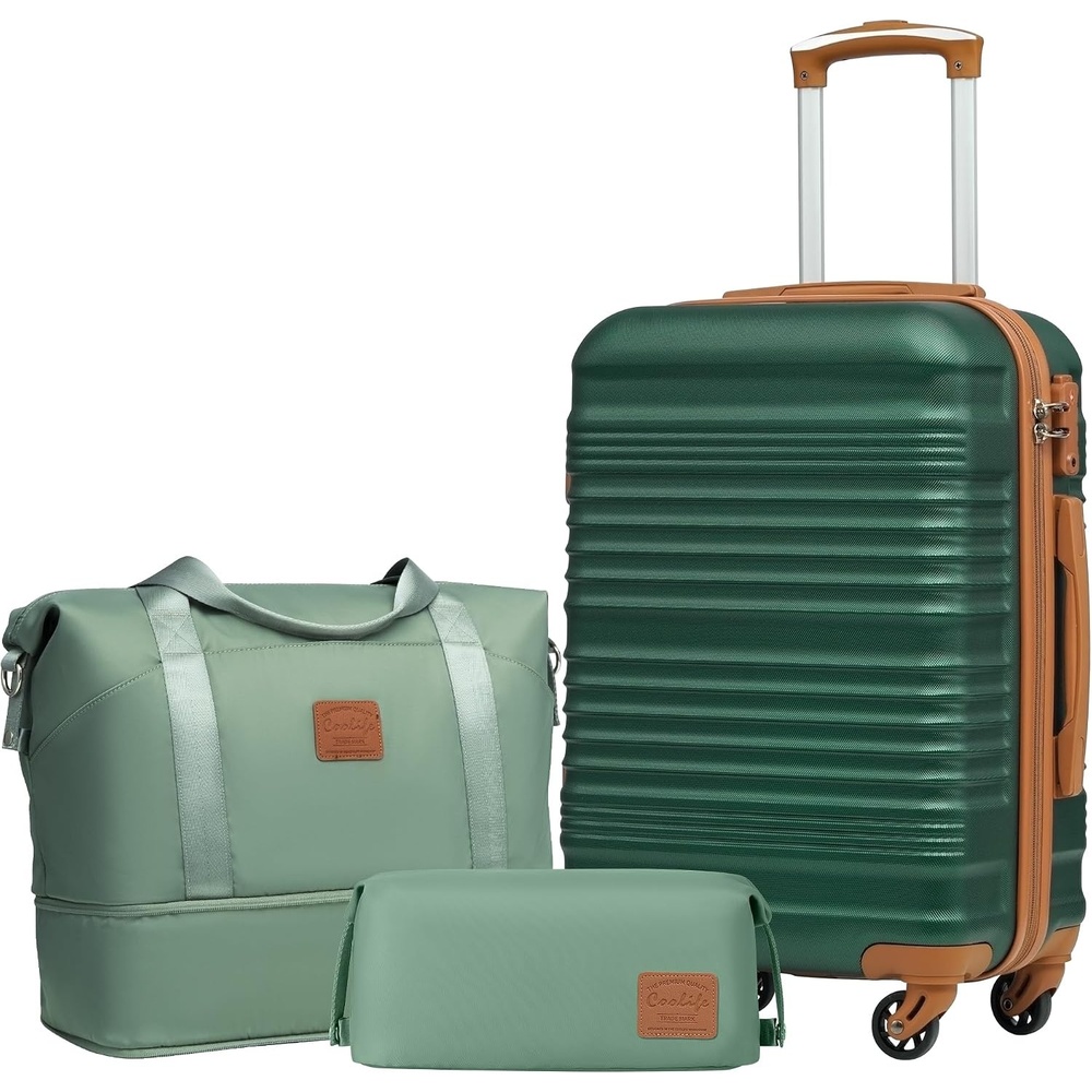 image:imageCoolife Luggage Set 3 Piece Luggage Set Carry On Suitcase Hardside Luggage with TSA Lock Spinner WheelsBlack 3 piece set DBTB20  Lightweight ABSPC Hardside Suitcase TSAApproved Lock Travel Duffel Bag with Back Sleeve Toiletry Bag WaterResistantDark Green